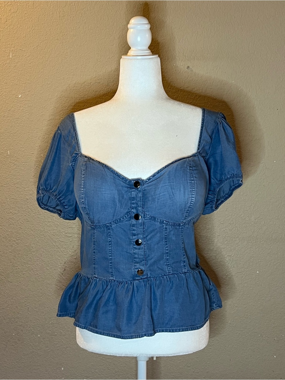 Haute Monde Denim-Blue Puff Sleeve Peplum Blouse